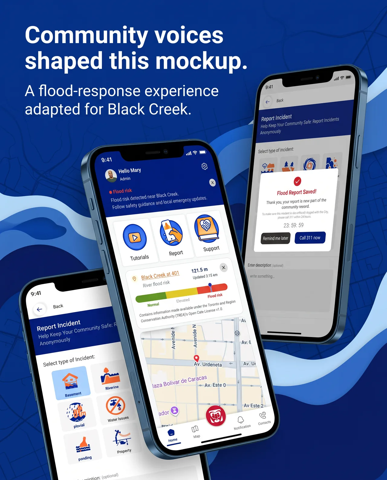 Three phones showing the AlerteUnité flood-response app adapted for Black Creek: a flood-risk alert, a river-level reading and an incident report. Headline: “Community voices shaped this mockup.”